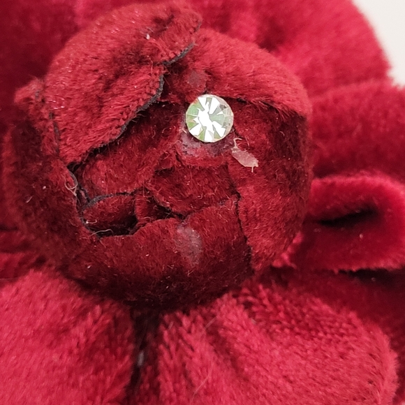 Vintage Red Velour Fabric and Rhinestone Flower Rose Brooch - Picture 3 of 11